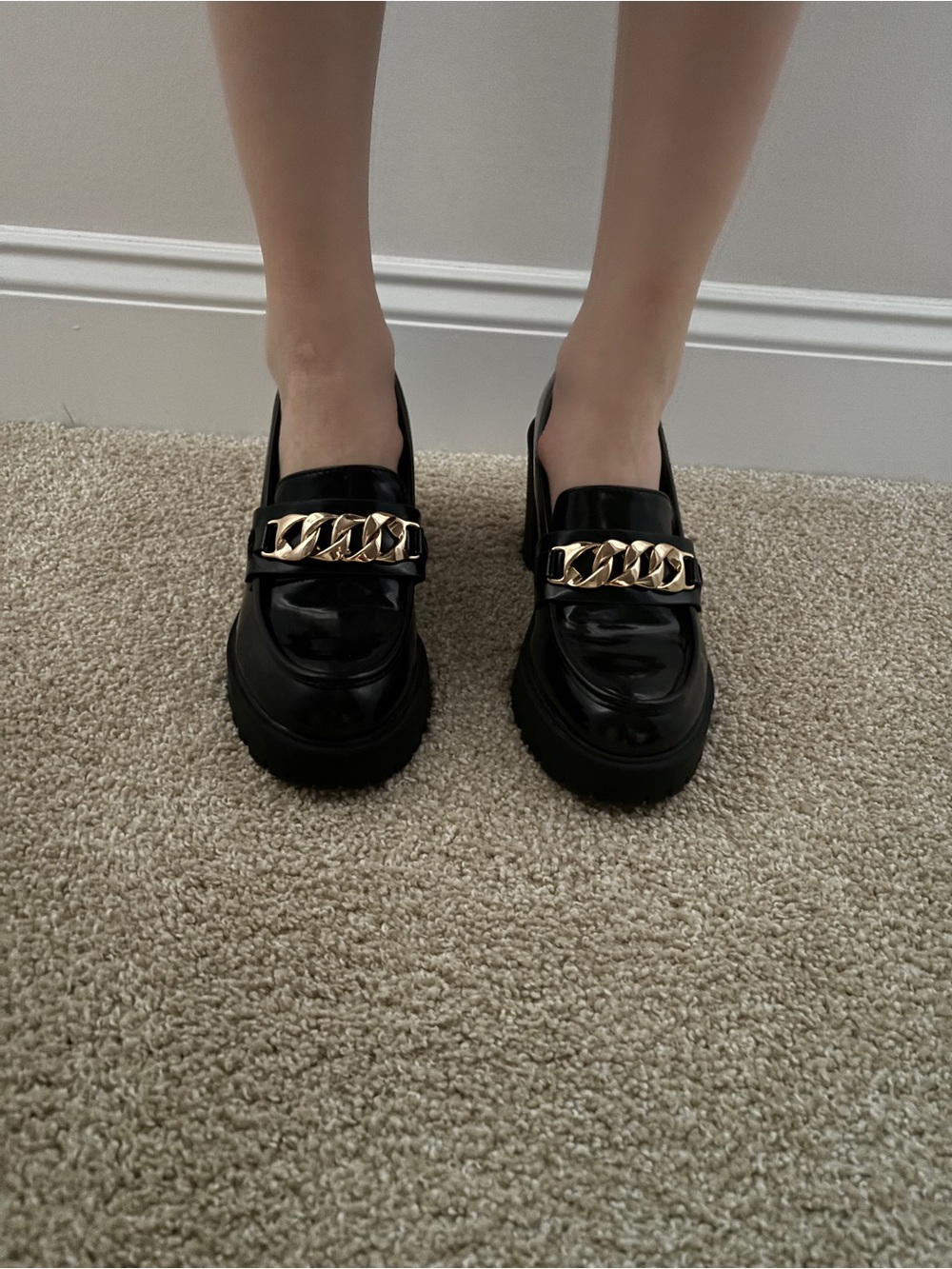 Steve Madden Black Patent Loafers with Gold Chain